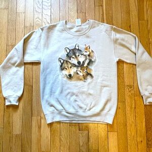 Fantastic Wolf Print Neutral Crewneck Sweatshirt W’s S